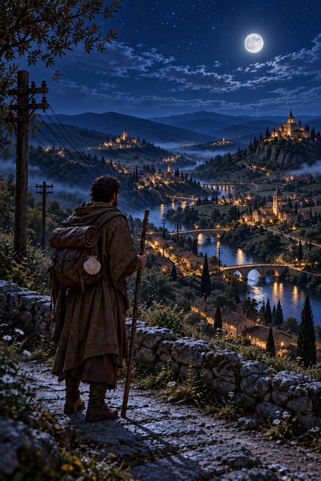 The pilgrim on a hillside looking over a valley of lit villages linked by roads, bridges and telegraph wires