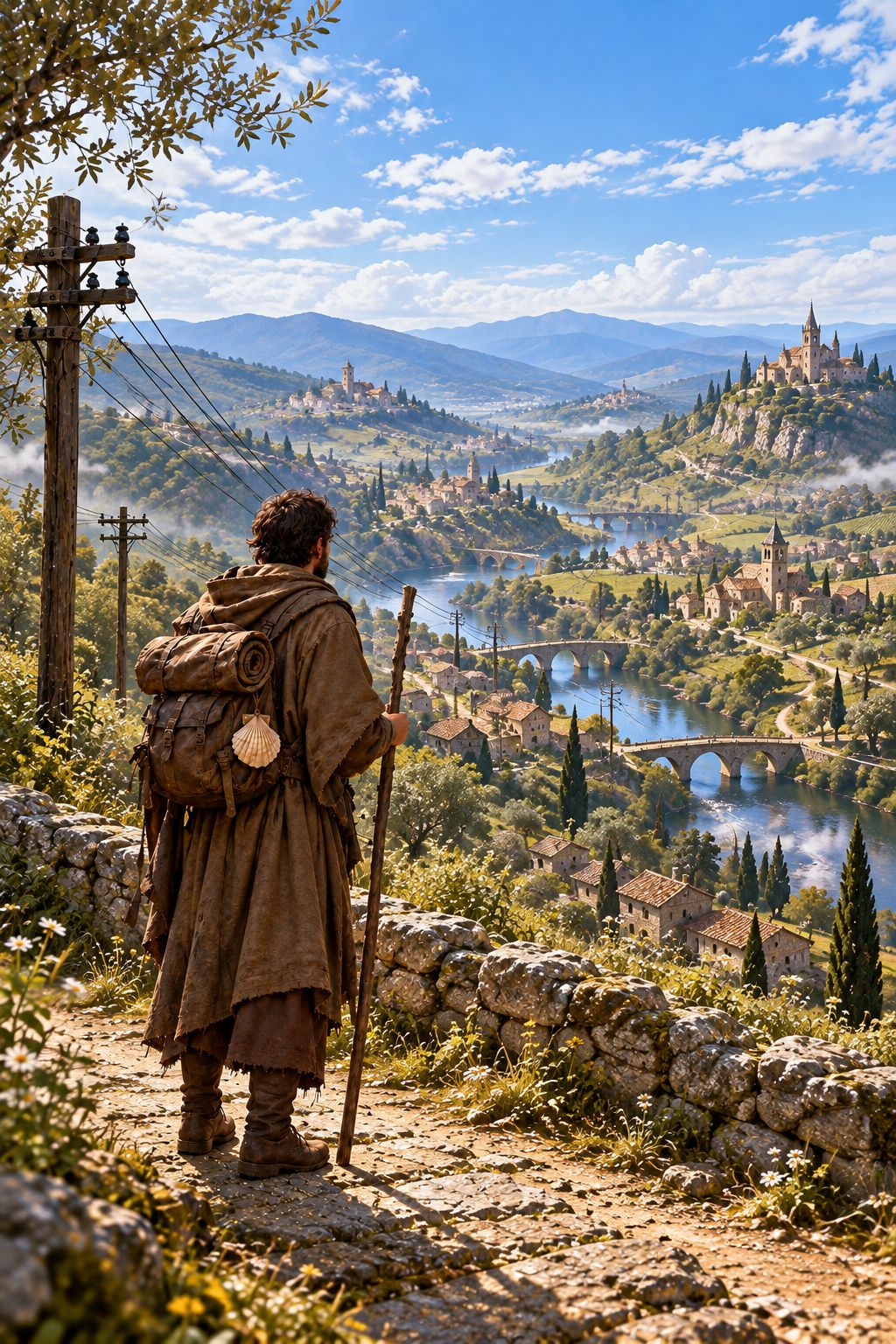 The pilgrim above the valley of villages in daylight
